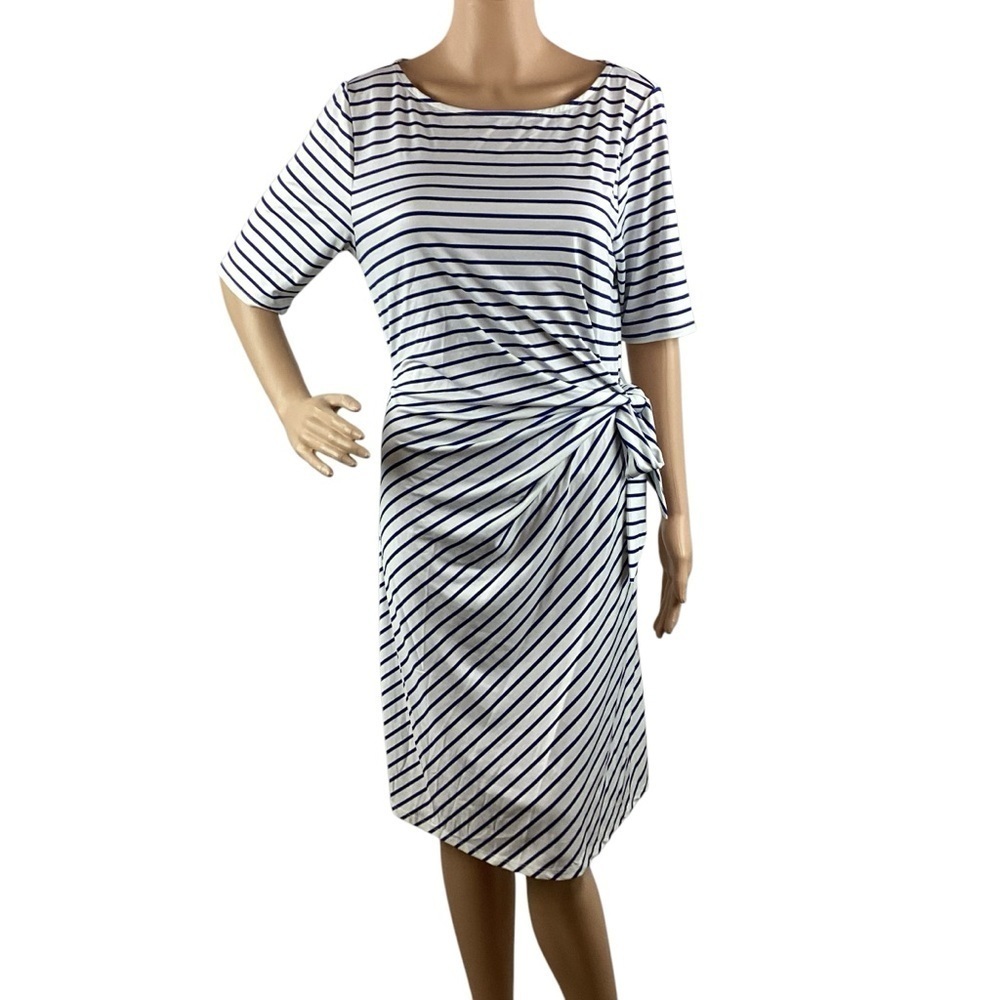 Lands’ End Navy Stripe Elbow Sleeve Tie Waist Sheath Dress Size M